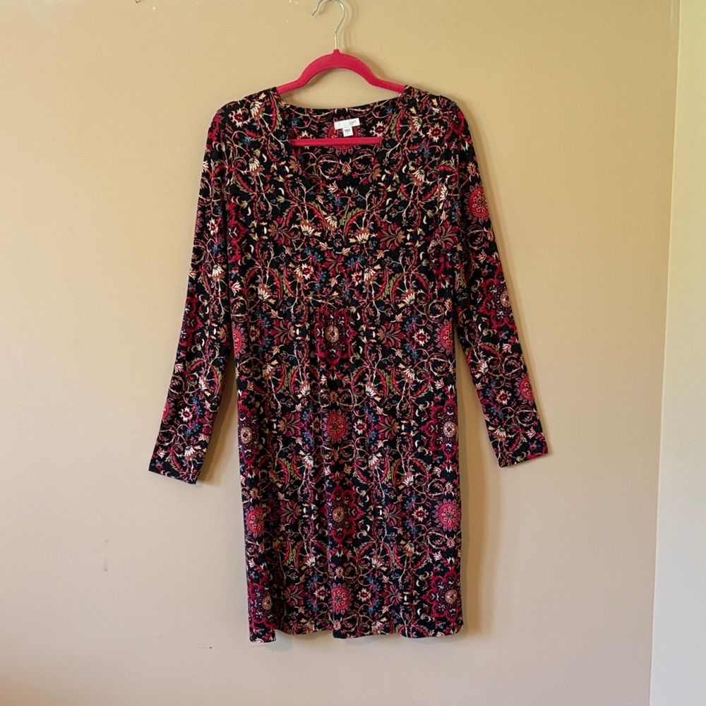 J.Jill Black, Red, Cream Mult-Color Patterned Long Sleeve Dress, Small